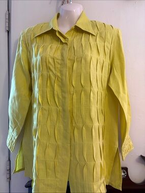 Textured Pleated Button-Front Blouse in Lime